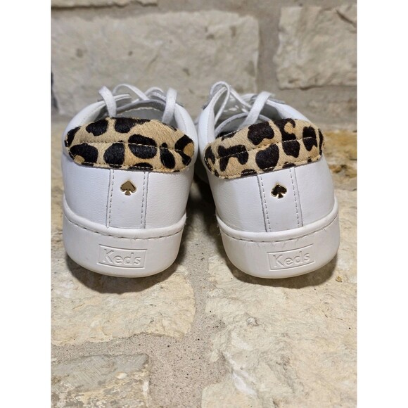 Kate Spade New York Keds White Leather Leopard Trim Lace Up‎ Sneakers Women Sz 8 - Picture 2 of 7